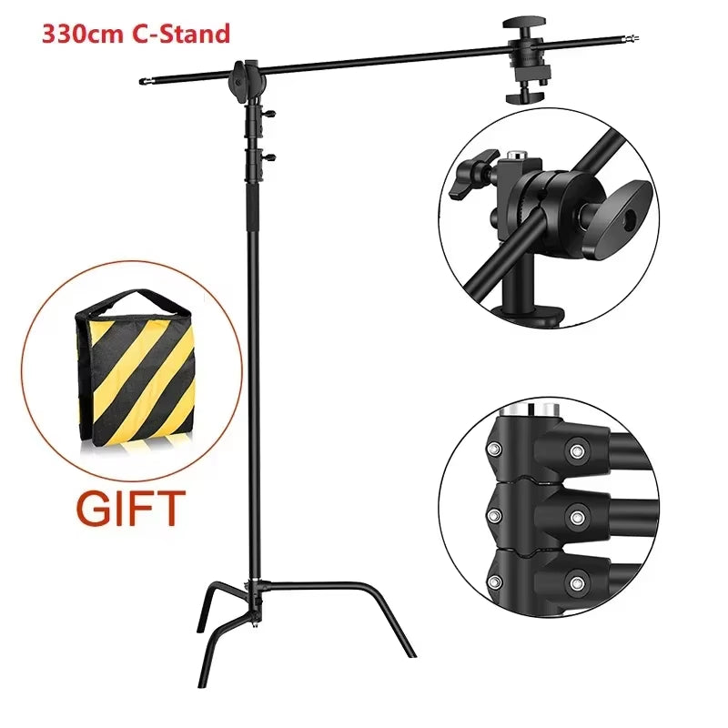 320Cm Photography Magic Leg with 3 Wheels All Metal C-Stand Bracket Stainless Steel Tripod for Stainless Steell Arm Crossbar