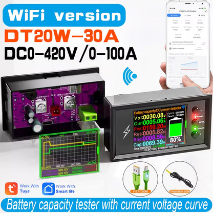 DT20W 0-420V Tuya Wifi Smart Lithium Battery Capacity Detection Tester DC Digital Display Current Voltage Coulomb Power Meter