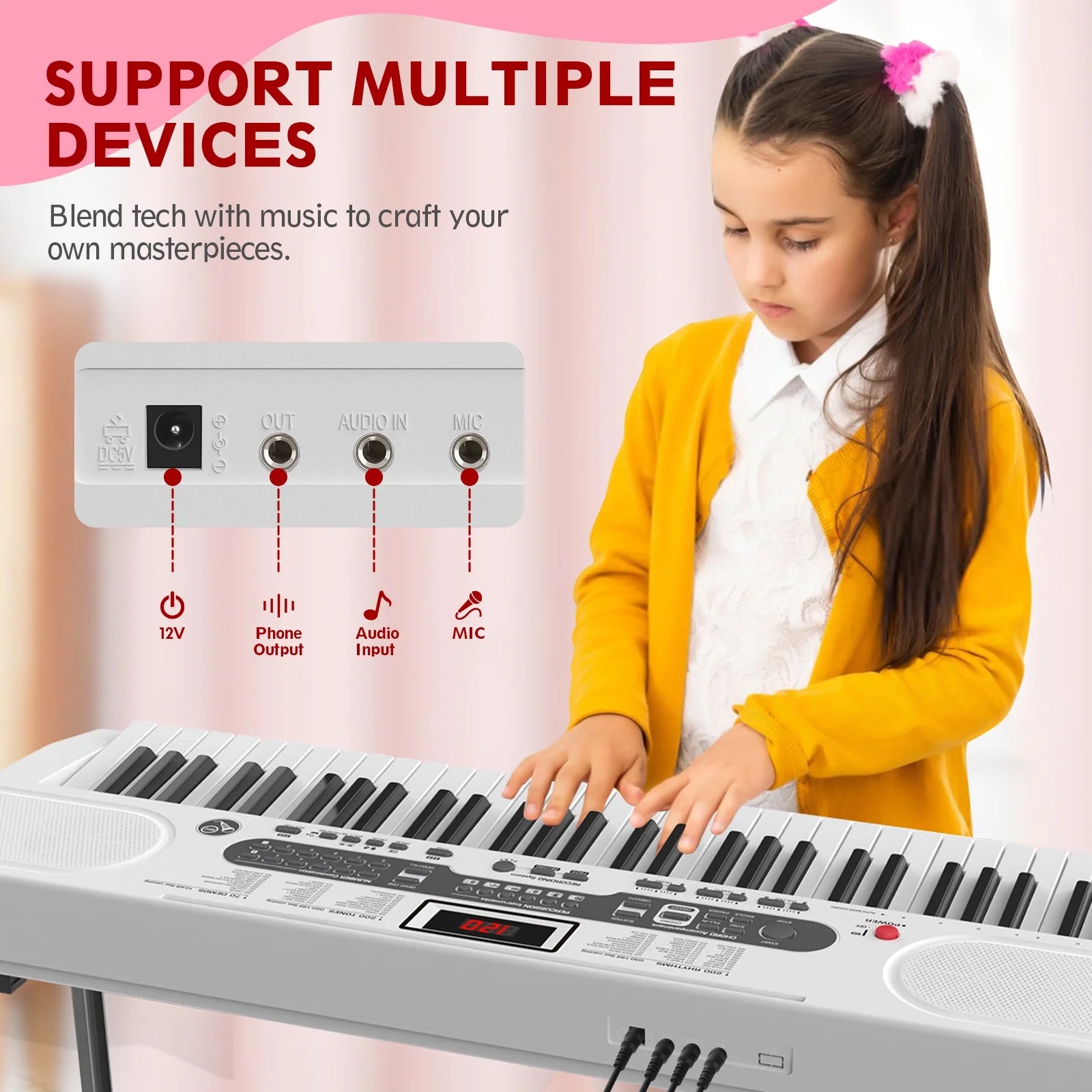 61 Key Electric Keyboard Piano with Lighted Keys Portable Piano, White