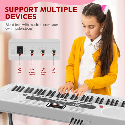 61 Key Electric Keyboard Piano with Lighted Keys Portable Piano, White