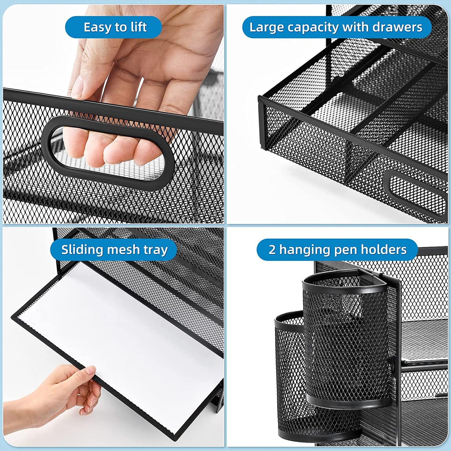 Paper Letter Tray, 5 Tier Mesh File Organizer with Pen Holder and Drawer, Paper Shelves Sorter Rack, Paper Tray Organizer for Letter/A4 Office File Folder Holder - Black