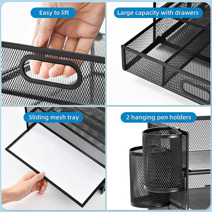 Paper Letter Tray, 5 Tier Mesh File Organizer with Pen Holder and Drawer, Paper Shelves Sorter Rack, Paper Tray Organizer for Letter/A4 Office File Folder Holder - Black