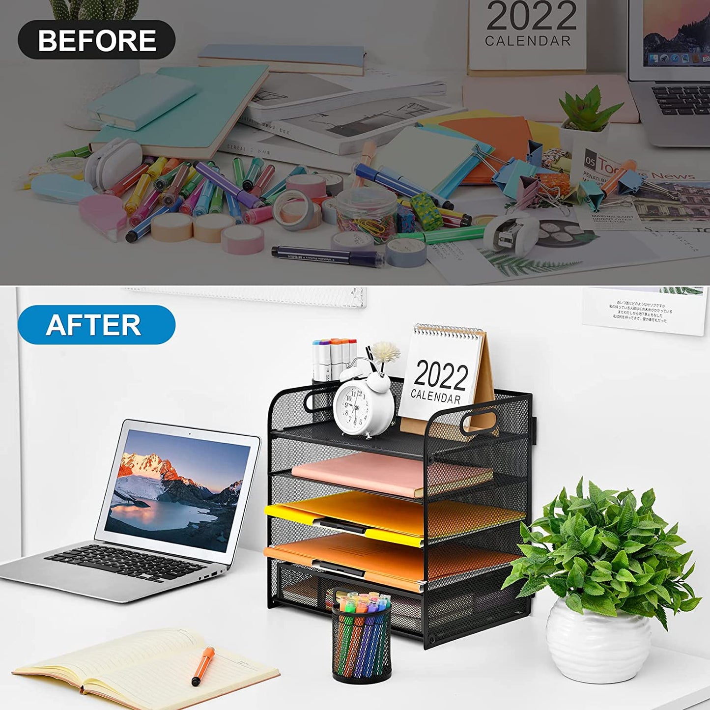 Paper Letter Tray, 5 Tier Mesh File Organizer with Pen Holder and Drawer, Paper Shelves Sorter Rack, Paper Tray Organizer for Letter/A4 Office File Folder Holder - Black