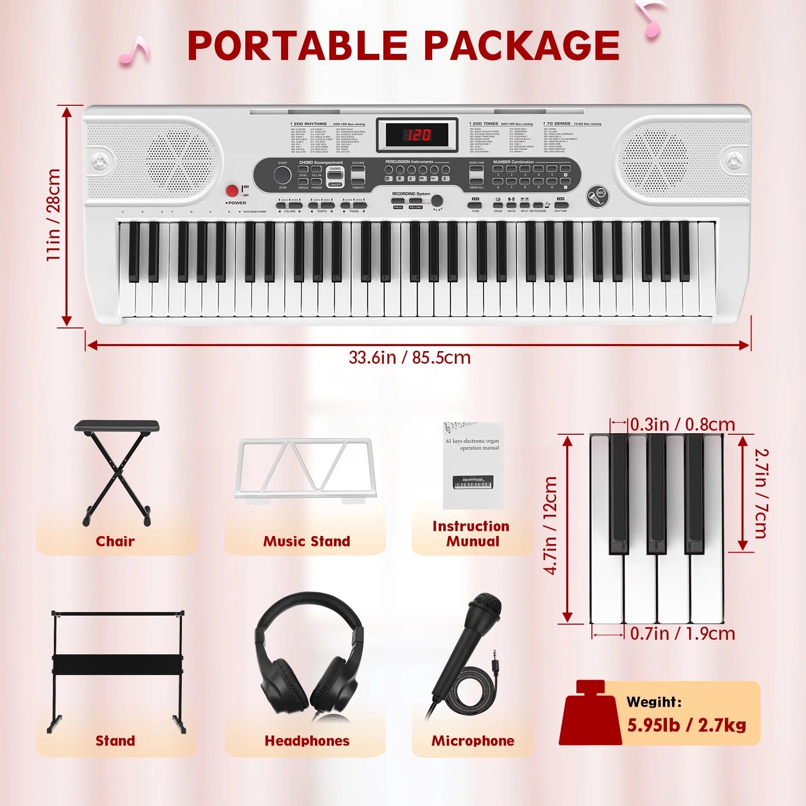 61 Key Electric Keyboard Piano with Lighted Keys Portable Piano, White