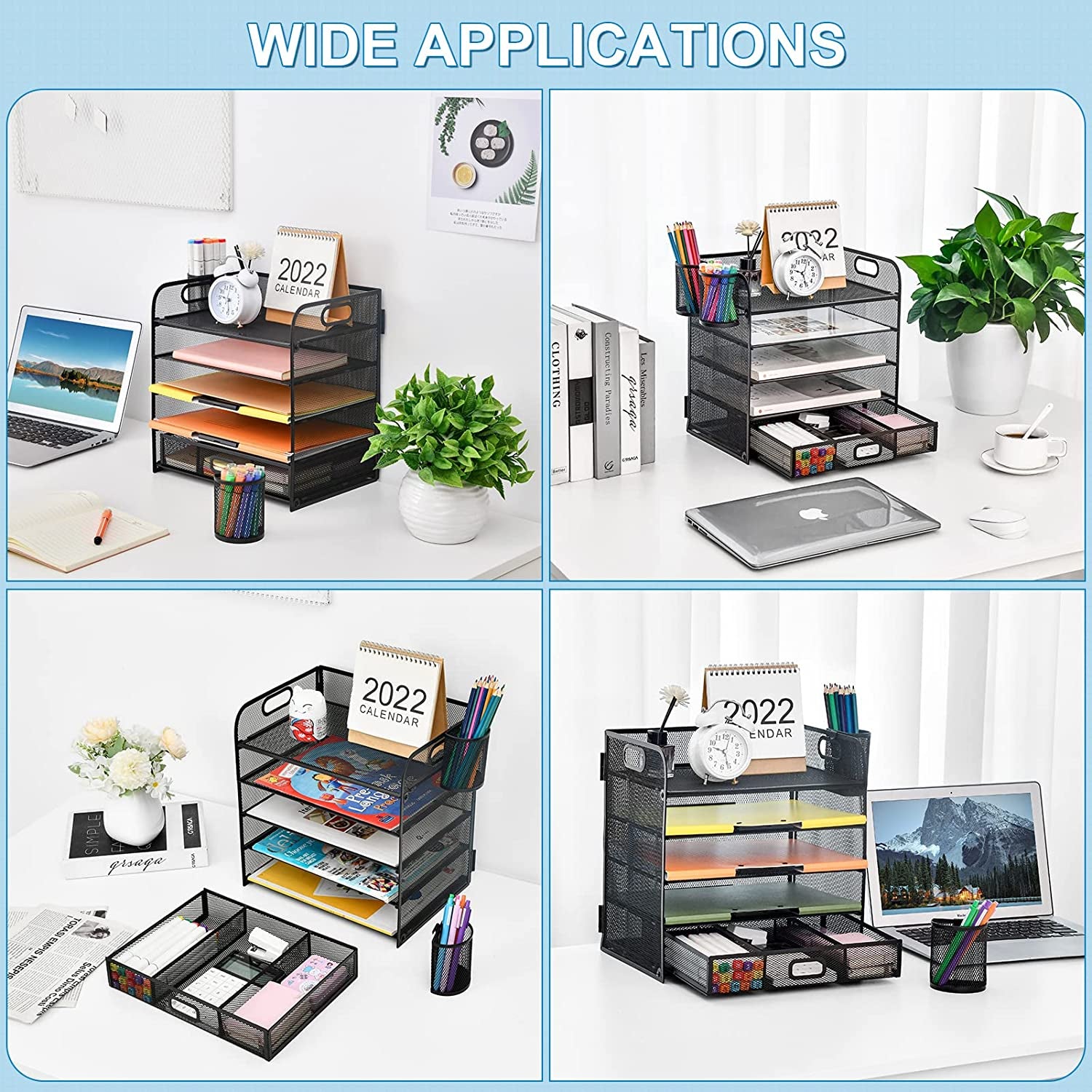 Paper Letter Tray, 5 Tier Mesh File Organizer with Pen Holder and Drawer, Paper Shelves Sorter Rack, Paper Tray Organizer for Letter/A4 Office File Folder Holder - Black