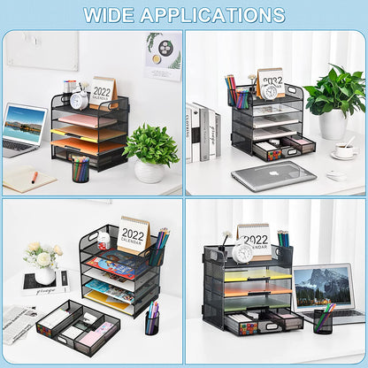 Paper Letter Tray, 5 Tier Mesh File Organizer with Pen Holder and Drawer, Paper Shelves Sorter Rack, Paper Tray Organizer for Letter/A4 Office File Folder Holder - Black