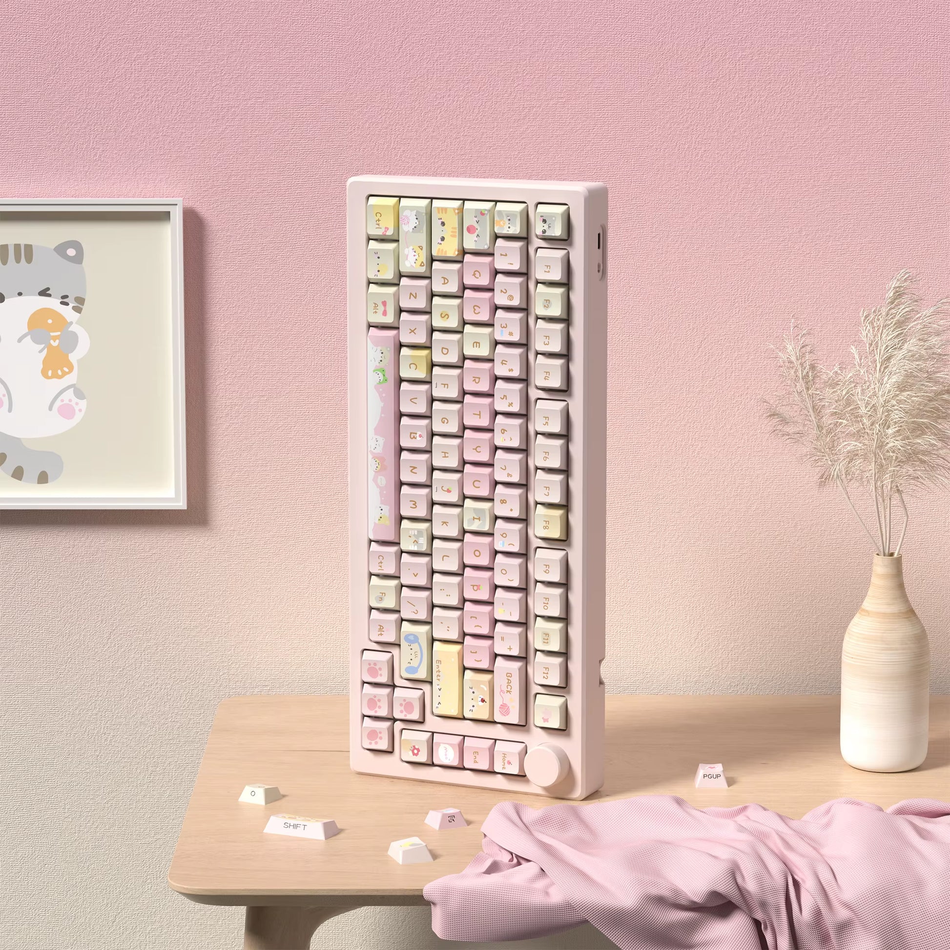 130 Keys Pink Cat Shine through Keycaps Dye Sub Side Print PBT Keycaps Cherry Profile for Cherry Gateron MX Switches Keyboard