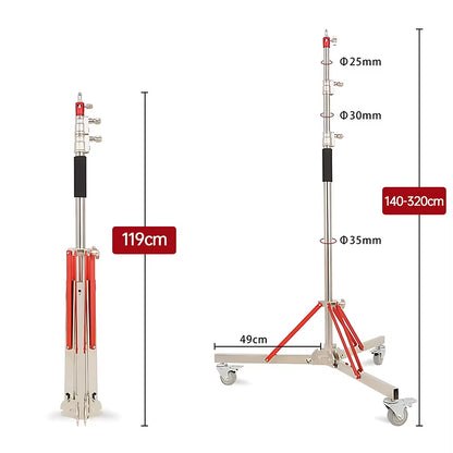 320Cm Photography Magic Leg with 3 Wheels All Metal C-Stand Bracket Stainless Steel Tripod for Stainless Steell Arm Crossbar