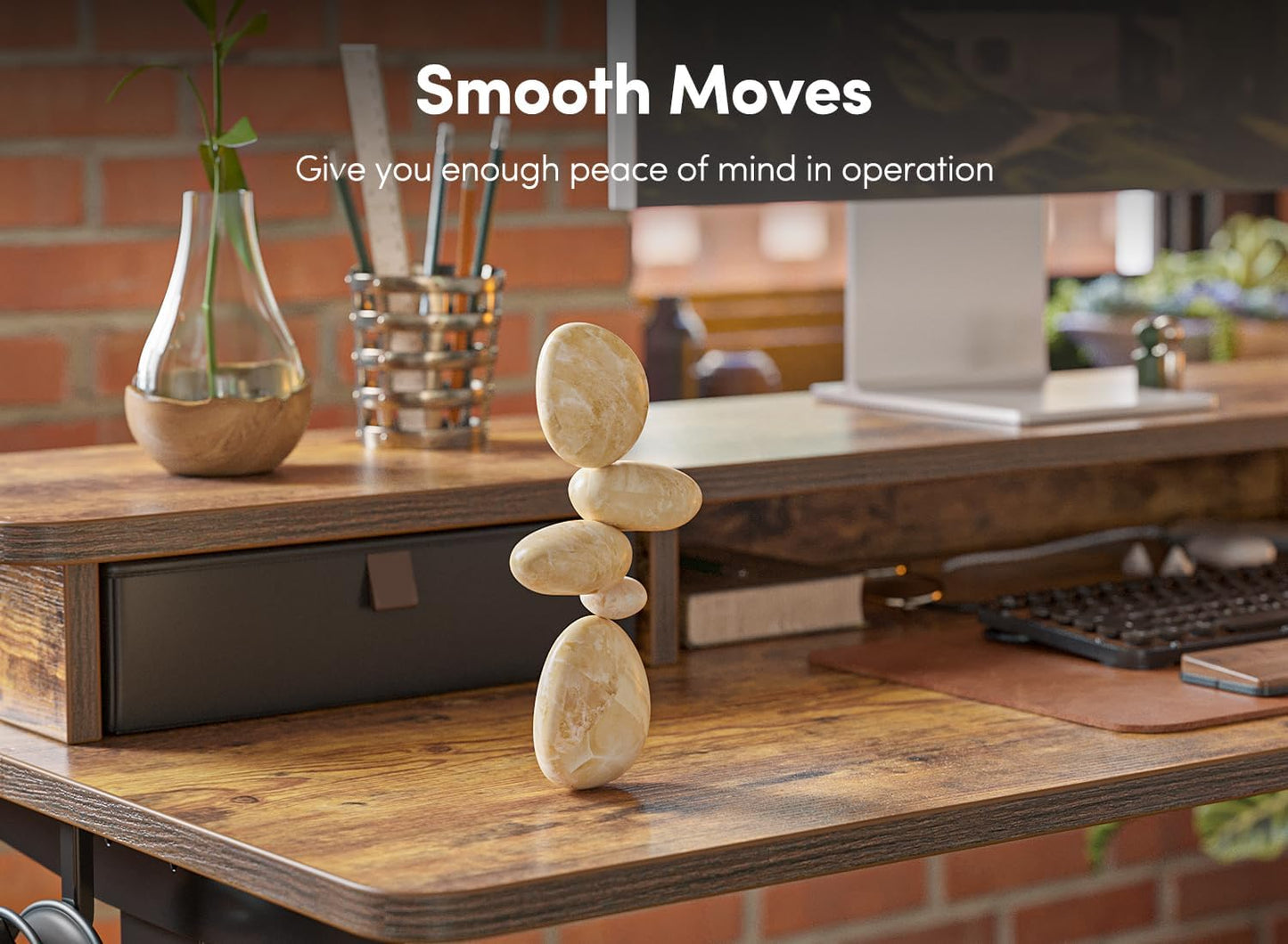 55'' Height Adjustable Electric Standing Desk with Double Drawer, Home Office Computer Desk with 4 Height-Adjustable Feets & 2 Hooks, Rustic Brown