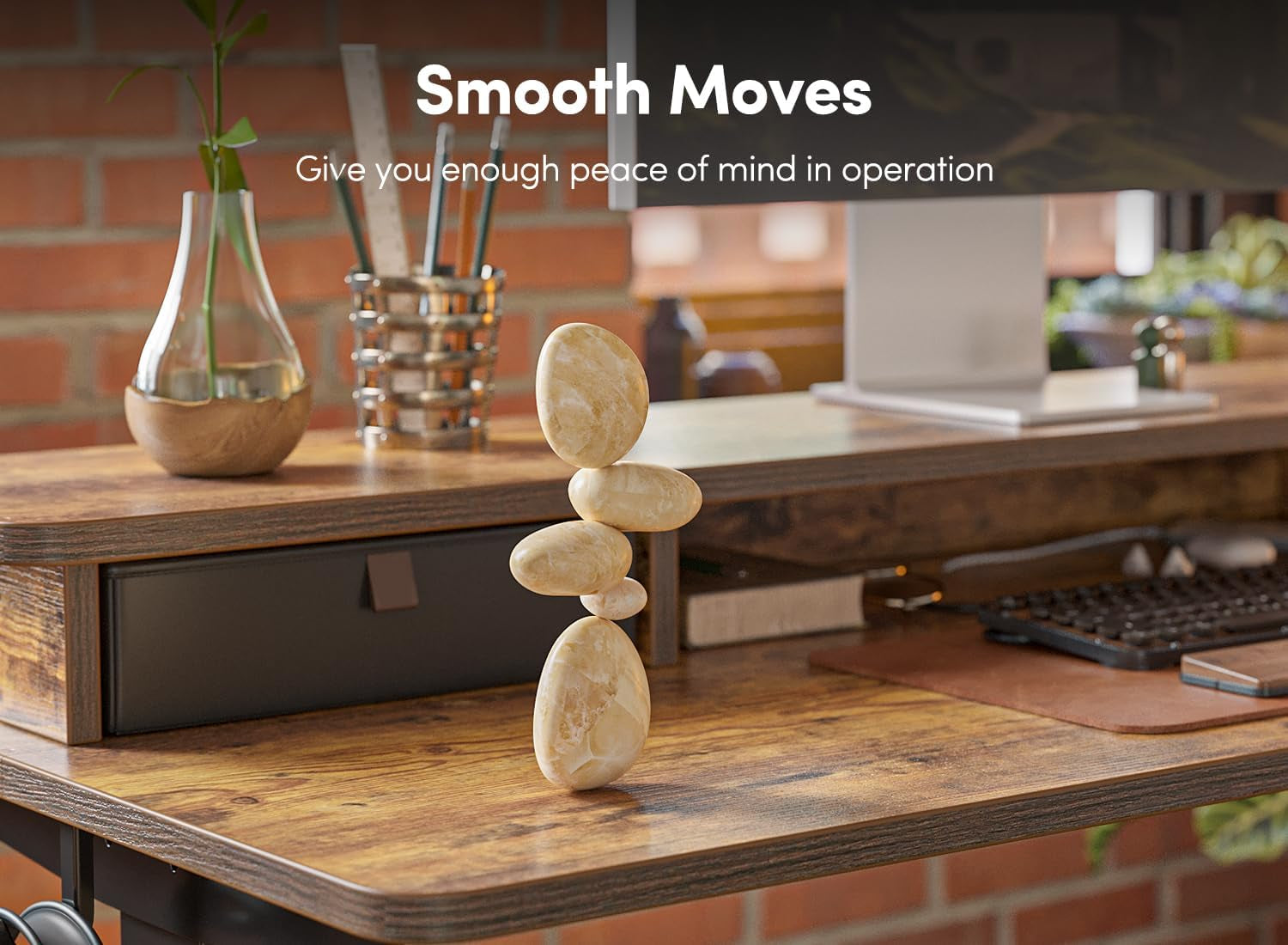 55'' Height Adjustable Electric Standing Desk with Double Drawer, Home Office Computer Desk with 4 Height-Adjustable Feets & 2 Hooks, Rustic Brown