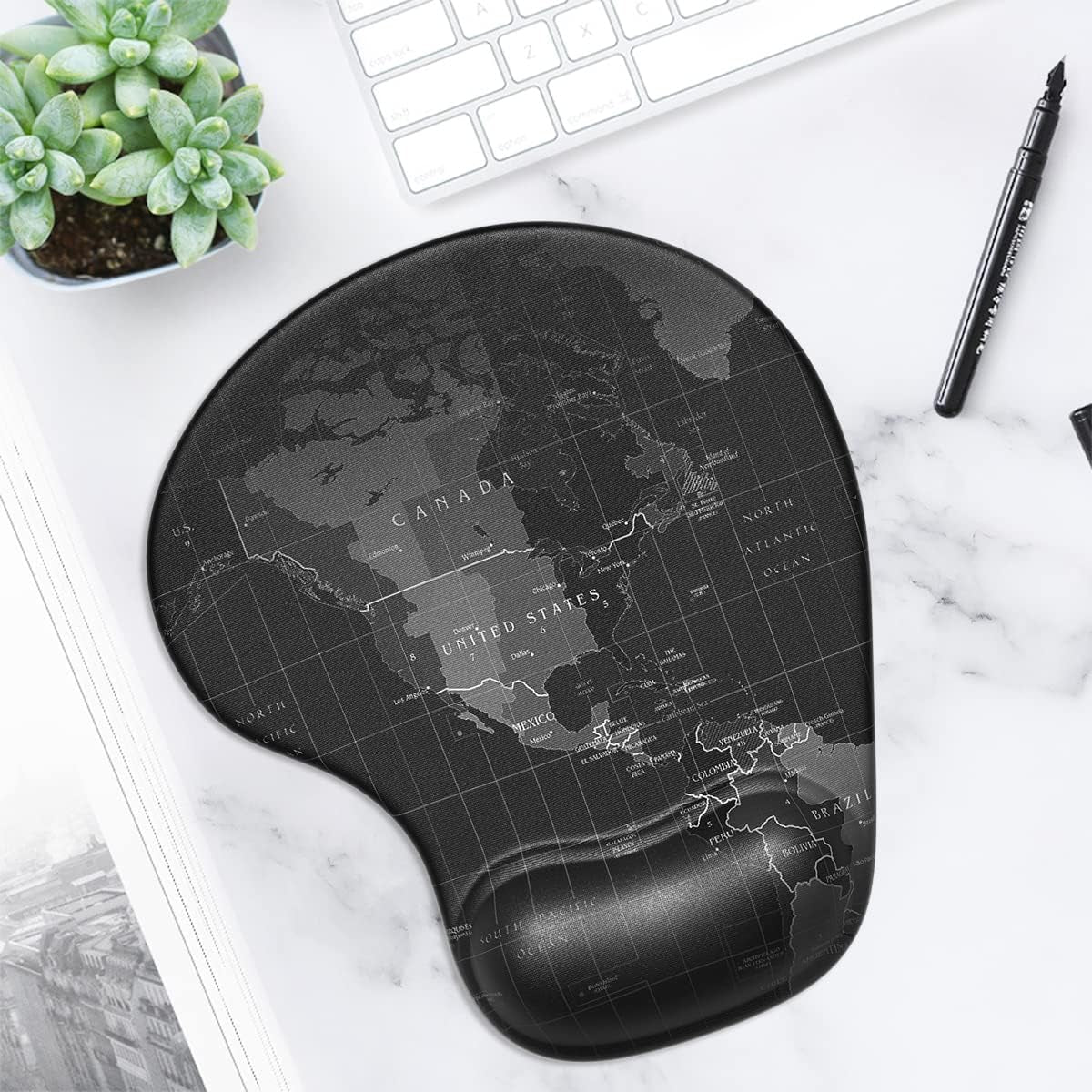 Ergonomic Mouse Pad with Gel Wrist Support Small Wrist Rest Smooth Surface Non-Slip PU Base Comfortable Office Supplies Pain Relief, 8.7 X 7.2 Inches, Map
