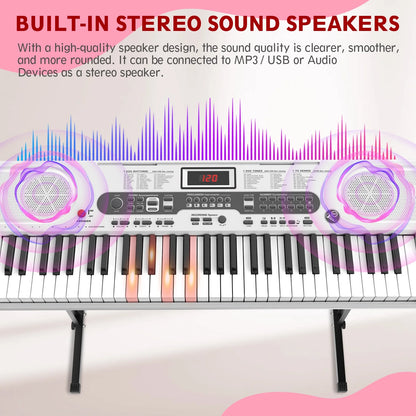 61 Key Electric Keyboard Piano with Lighted Keys Portable Piano, White