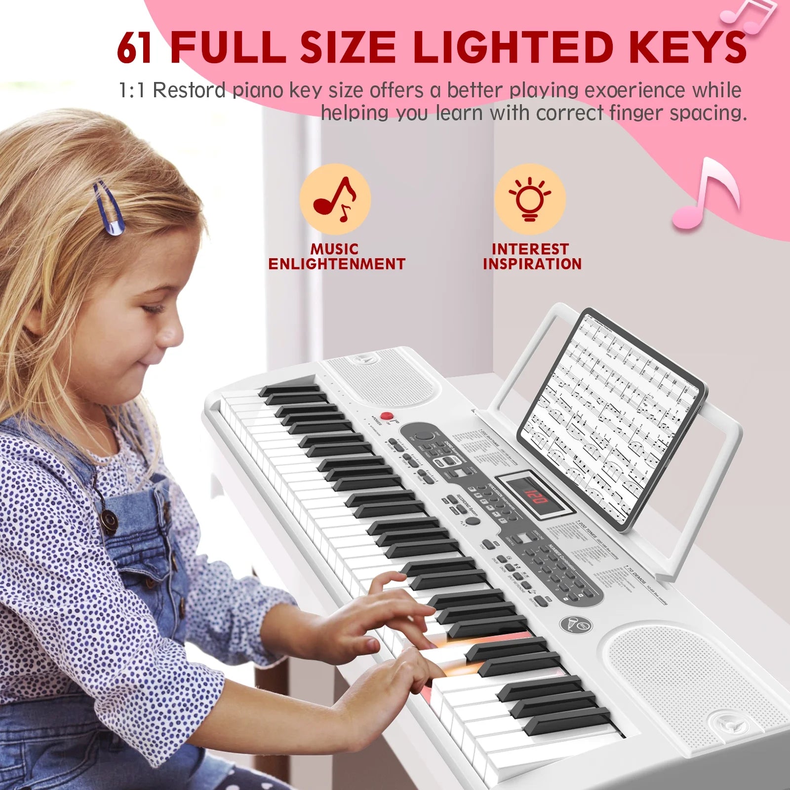 61 Key Electric Keyboard Piano with Lighted Keys Portable Piano, White