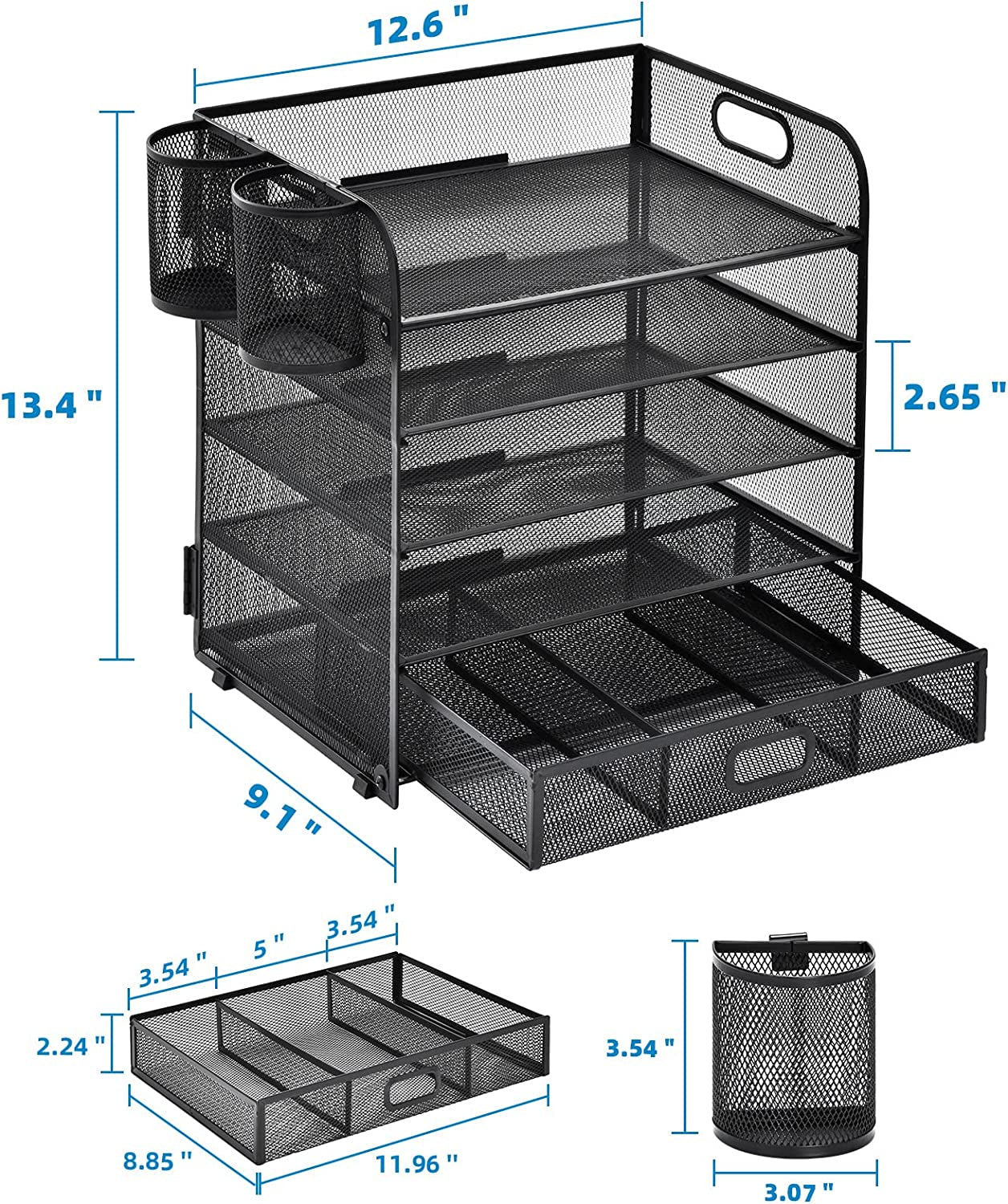Paper Letter Tray, 5 Tier Mesh File Organizer with Pen Holder and Drawer, Paper Shelves Sorter Rack, Paper Tray Organizer for Letter/A4 Office File Folder Holder - Black