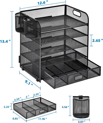 Paper Letter Tray, 5 Tier Mesh File Organizer with Pen Holder and Drawer, Paper Shelves Sorter Rack, Paper Tray Organizer for Letter/A4 Office File Folder Holder - Black