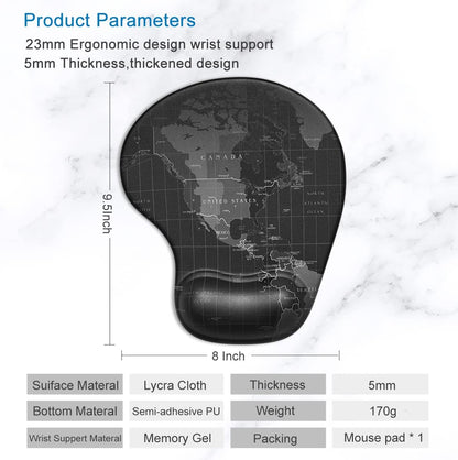 Ergonomic Mouse Pad with Gel Wrist Support Small Wrist Rest Smooth Surface Non-Slip PU Base Comfortable Office Supplies Pain Relief, 8.7 X 7.2 Inches, Map